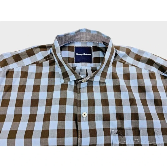 Tommy Bahama Size Large Mens Brown Blue Check Button Down Embroidered Logo Shirt - Picture 1 of 13
